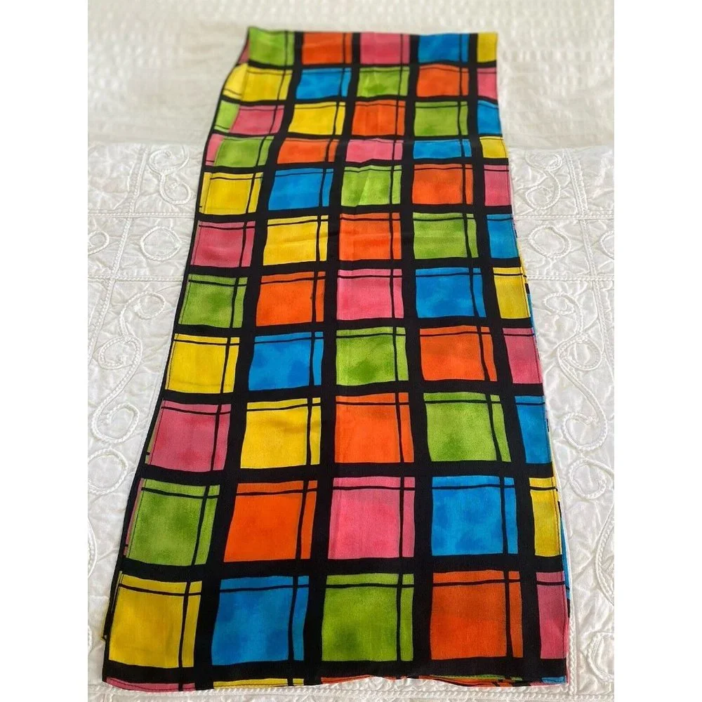 Vintage Travis Ayers Plaid Pattern 100% Silk‎ 12 x 54 Rectangle Scarf Mod Multi